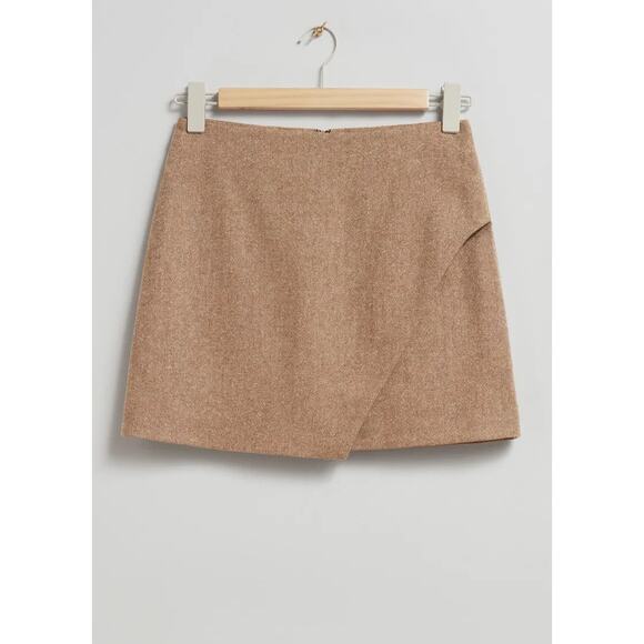 New NWT & Other Stories Tan Wool Silk Blend Tweed Asymmetric Mini Skirt - 10 - Picture 2 of 9